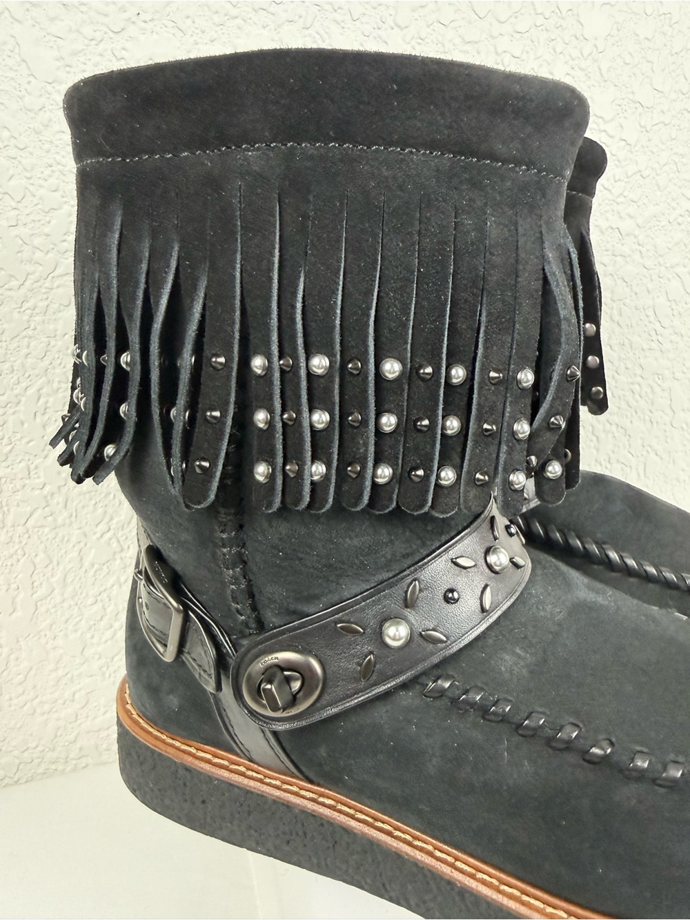 Coach | Roccasin | Shearling Fringe Boots | Black Suede | Women's 9B - Picture 2 of 11